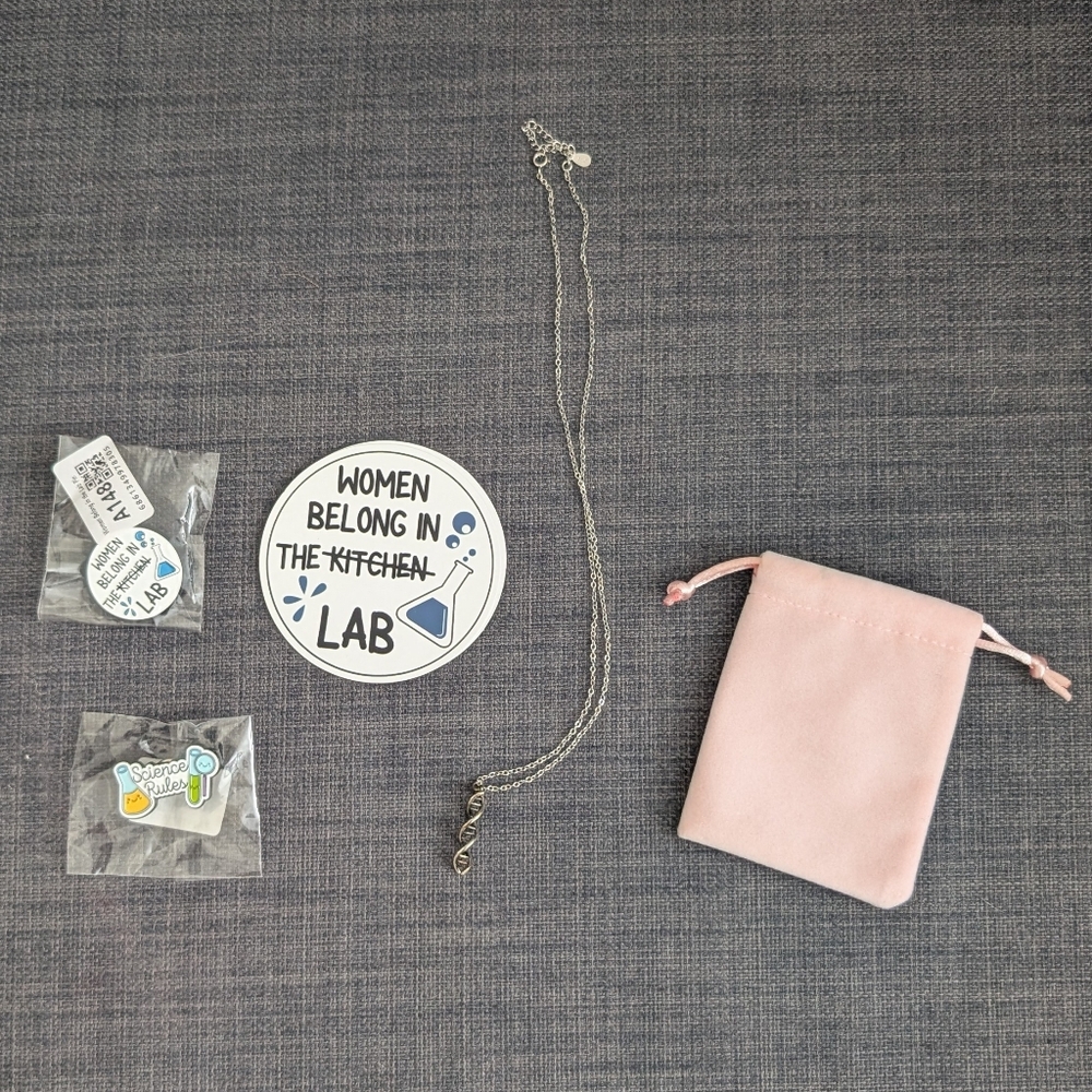 Women Belong In The Lab Pin, Sticker, And DNA Helix Necklace